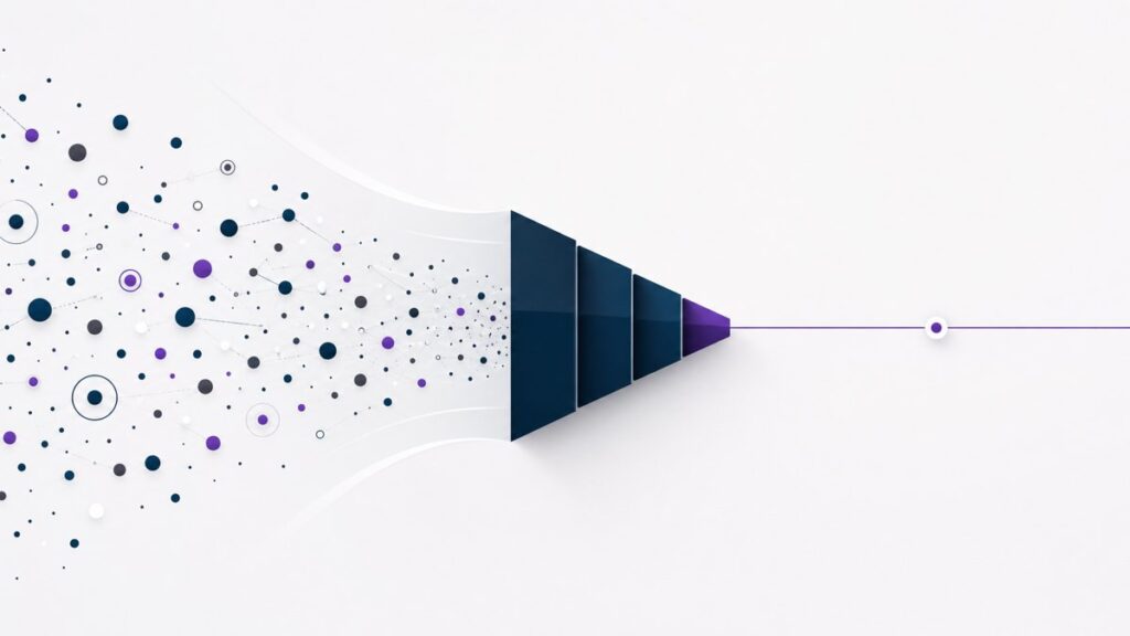 Ilustração de funil de prospecção B2B transformando dados dispersos em processo estruturado.